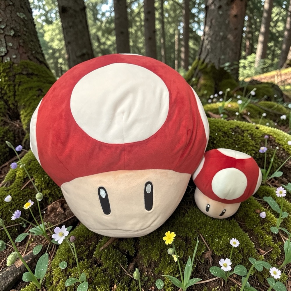 Super Mario Red and White Mushroom Plush Set Jumbo mushroom and mini mushroom